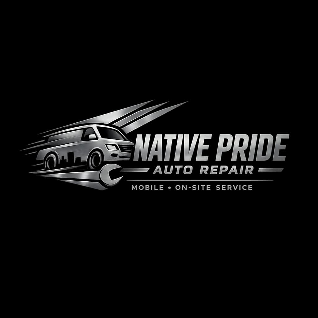 Logo for Native Pride Auto Repair featuring diagonal stripes, metallic gray palette, strong sans-serif font, and conveying movement and efficiency.