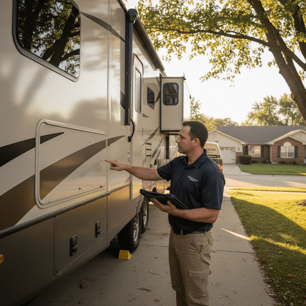 Mechanic inspecting RV exterior systems