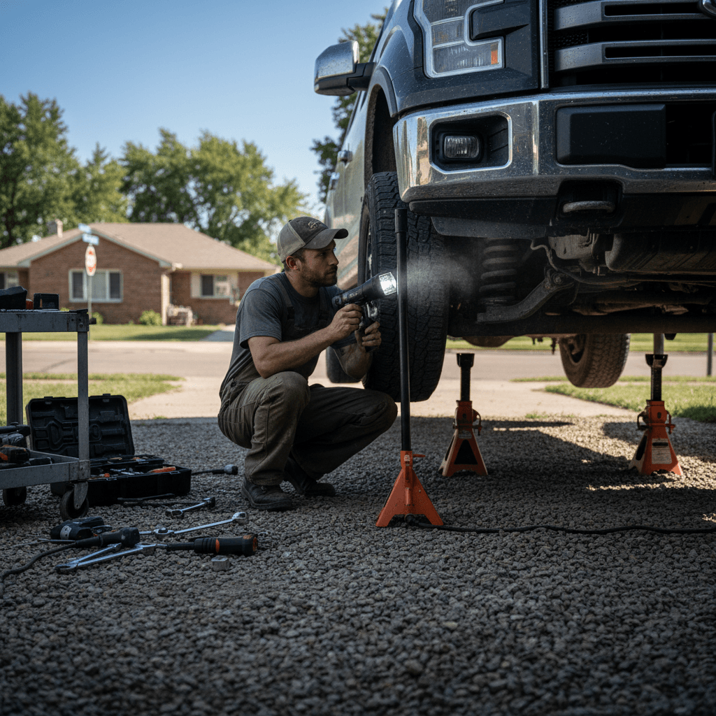 Mechanic working on truck undercarriage