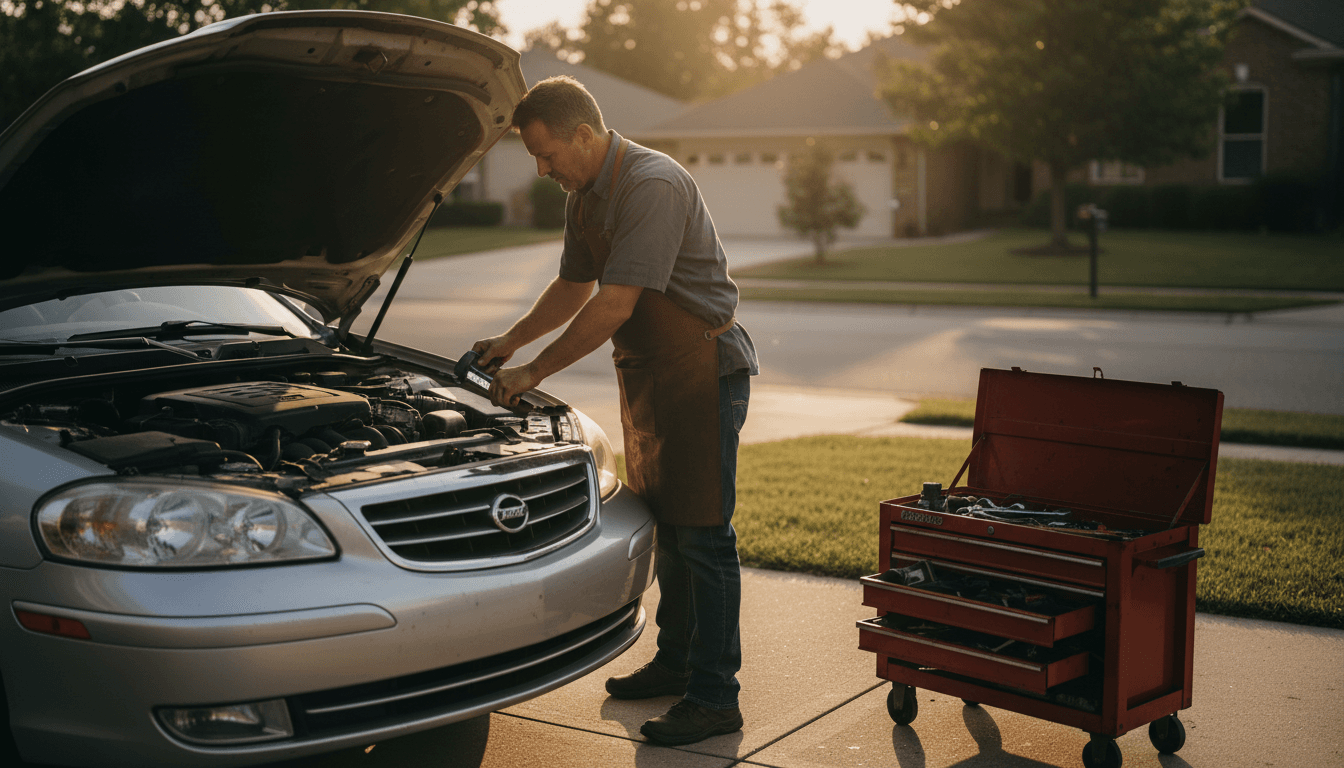 Mobile mechanic performing engine diagnostics on a vehicle in a residential driveway