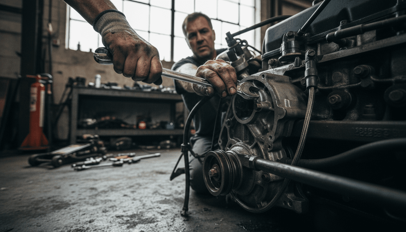 Mechanic using wrench on engine repair