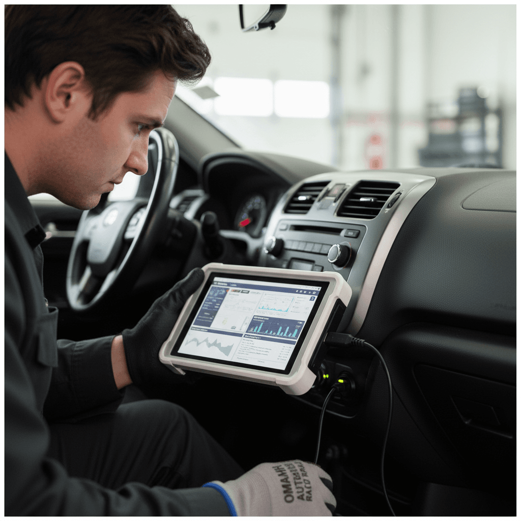 Mechanic using diagnostic scanner tool