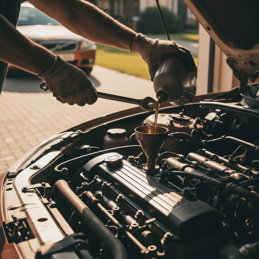 Mechanic performing oil change on car engine